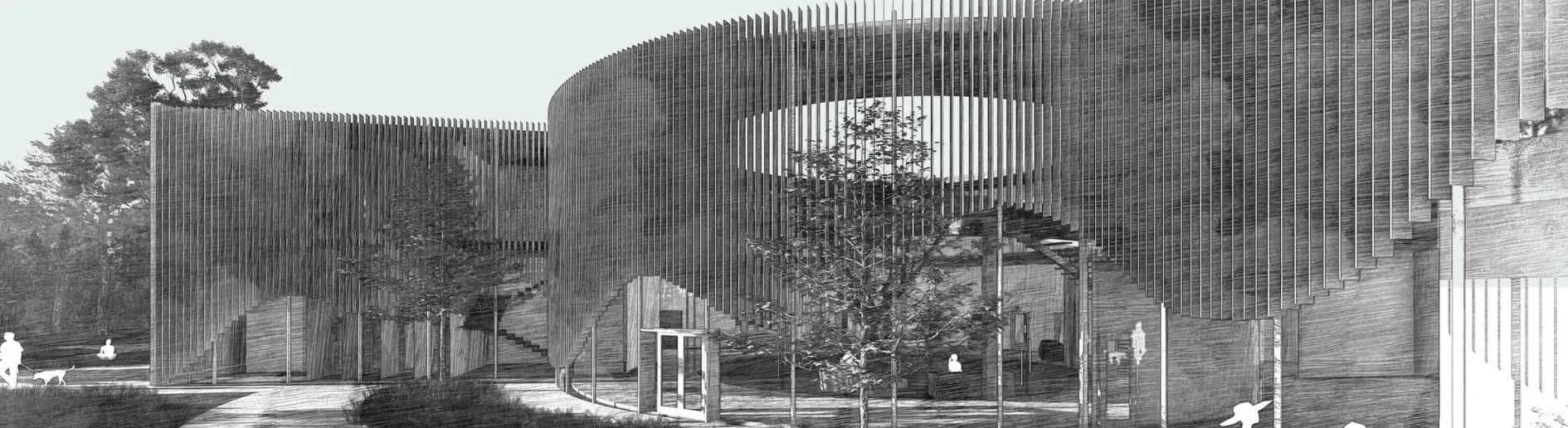 Perspective of the centre courtyard in black and white: curved louvred walls, the circular courtyard and people on the grass