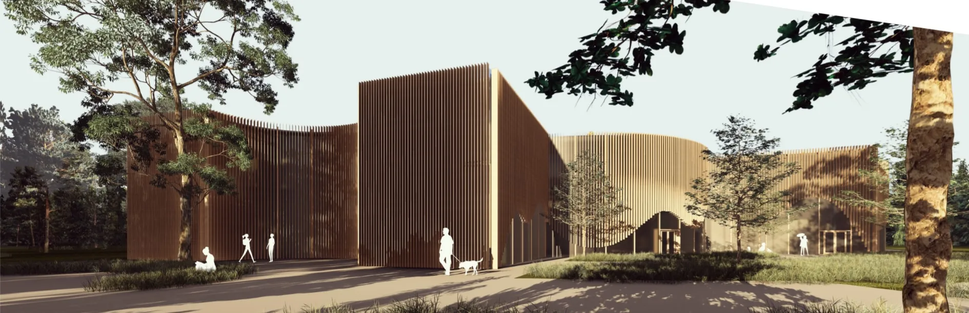 Close-up of the facade of vertical louvres of varying height, with the interior showing through, trees in front of the building