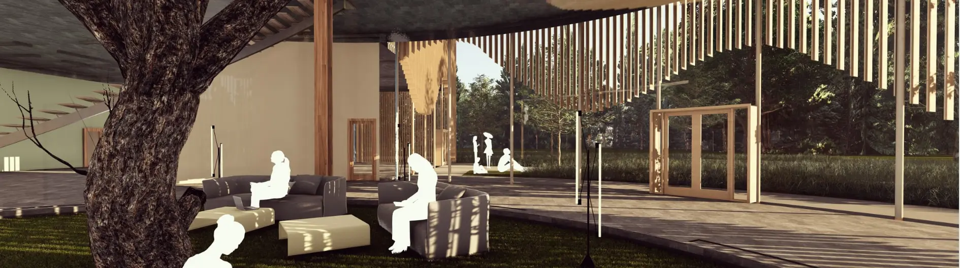 Covered patio of the centre with seating and a tree growing through the floor, seen from beneath the openwork louvred canopy