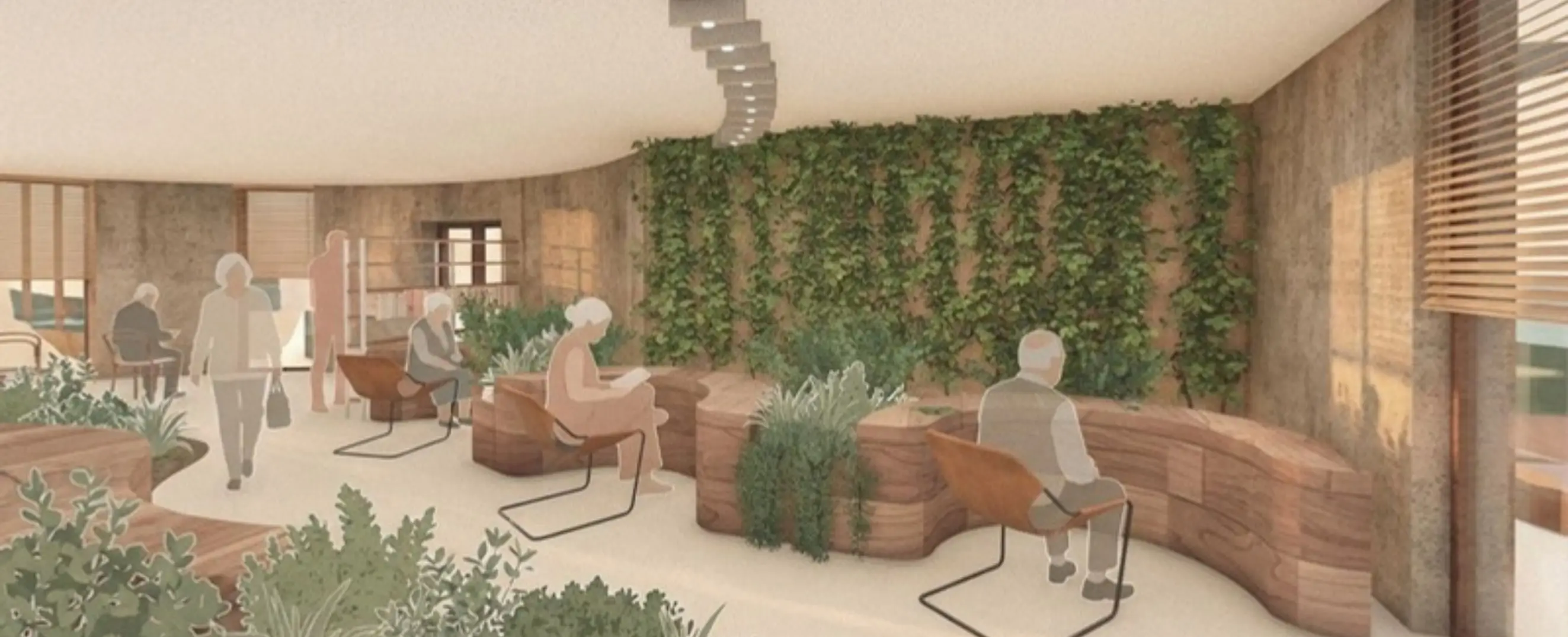 Lobby with a green wall of ivy, rounded timber seating with built-in planters and residents in armchairs