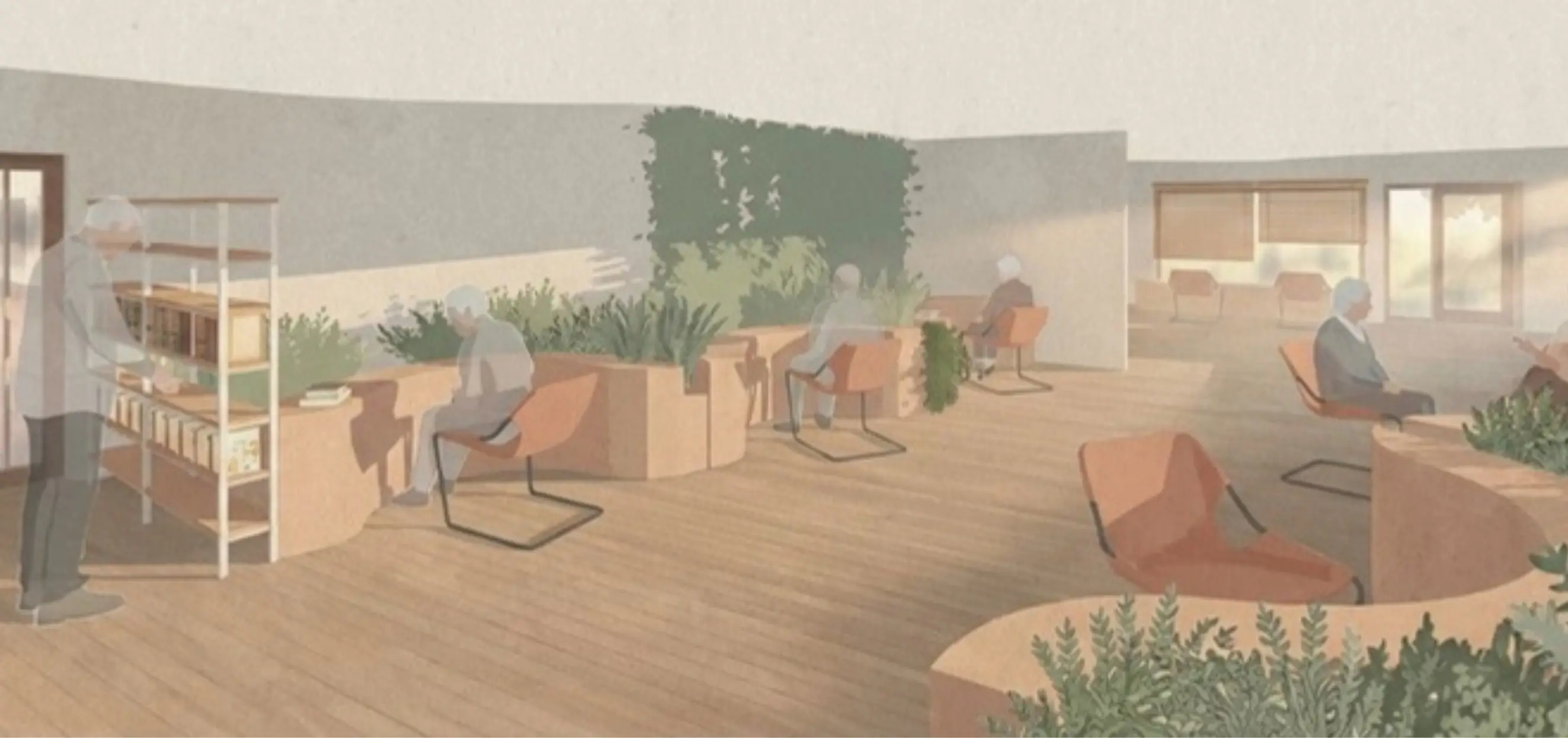 Lounge area with a bookcase, planting in undulating planters and armchairs set along the windows
