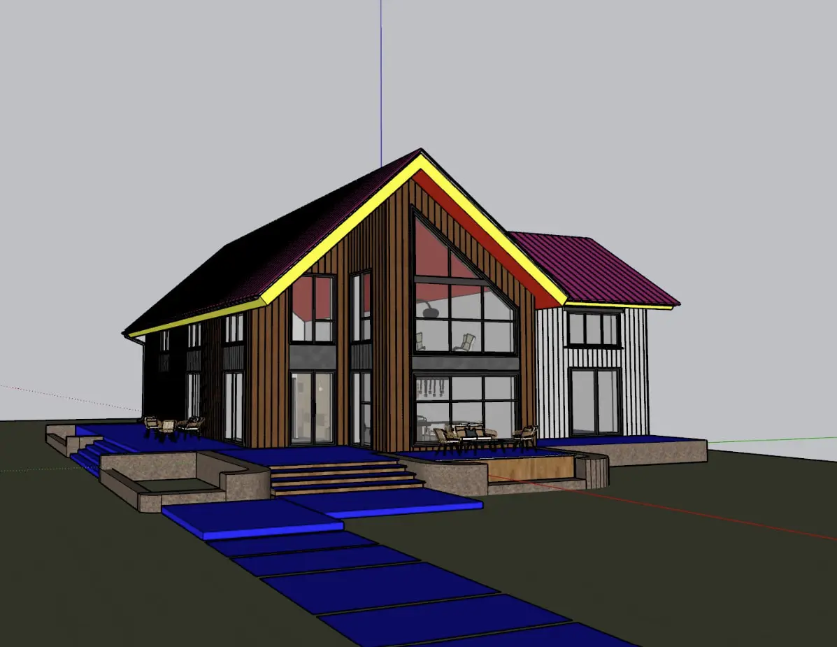 The same model with working colours and materials applied: timber cladding, dark roof, terraces and the approach to the entrance