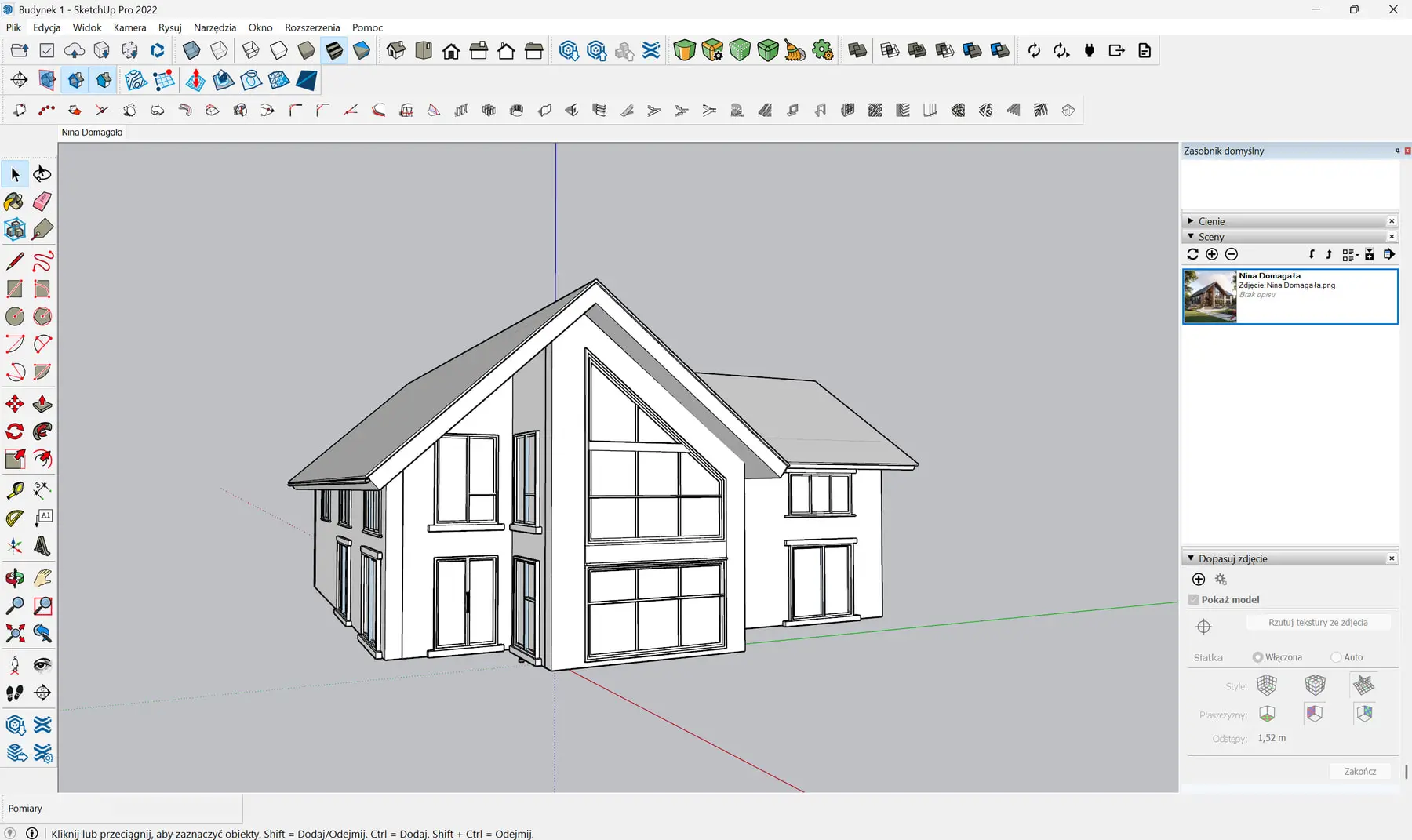 SketchUp model of the house in perspective view, without materials, with the program interface and scene panel visible