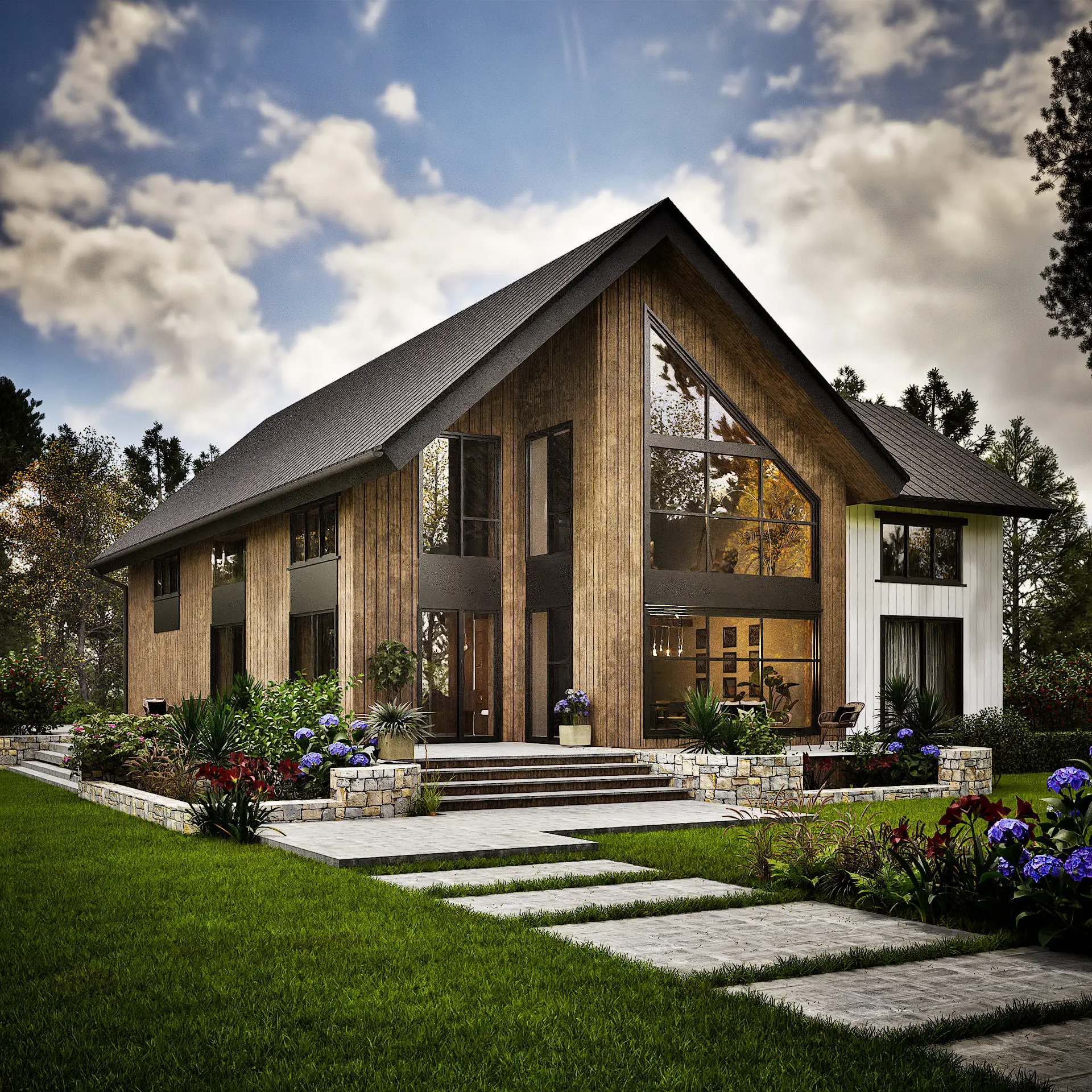 Barn-style detached house, front elevation with timber cladding and full-height gable glazing, seen from the garden — visualisation