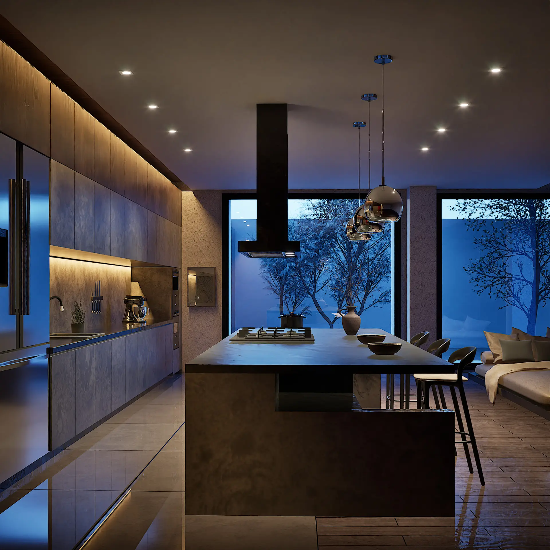 Open-plan living area with a kitchen island and extractor, glazing onto the garden, spot lighting after dark — interior visualisation