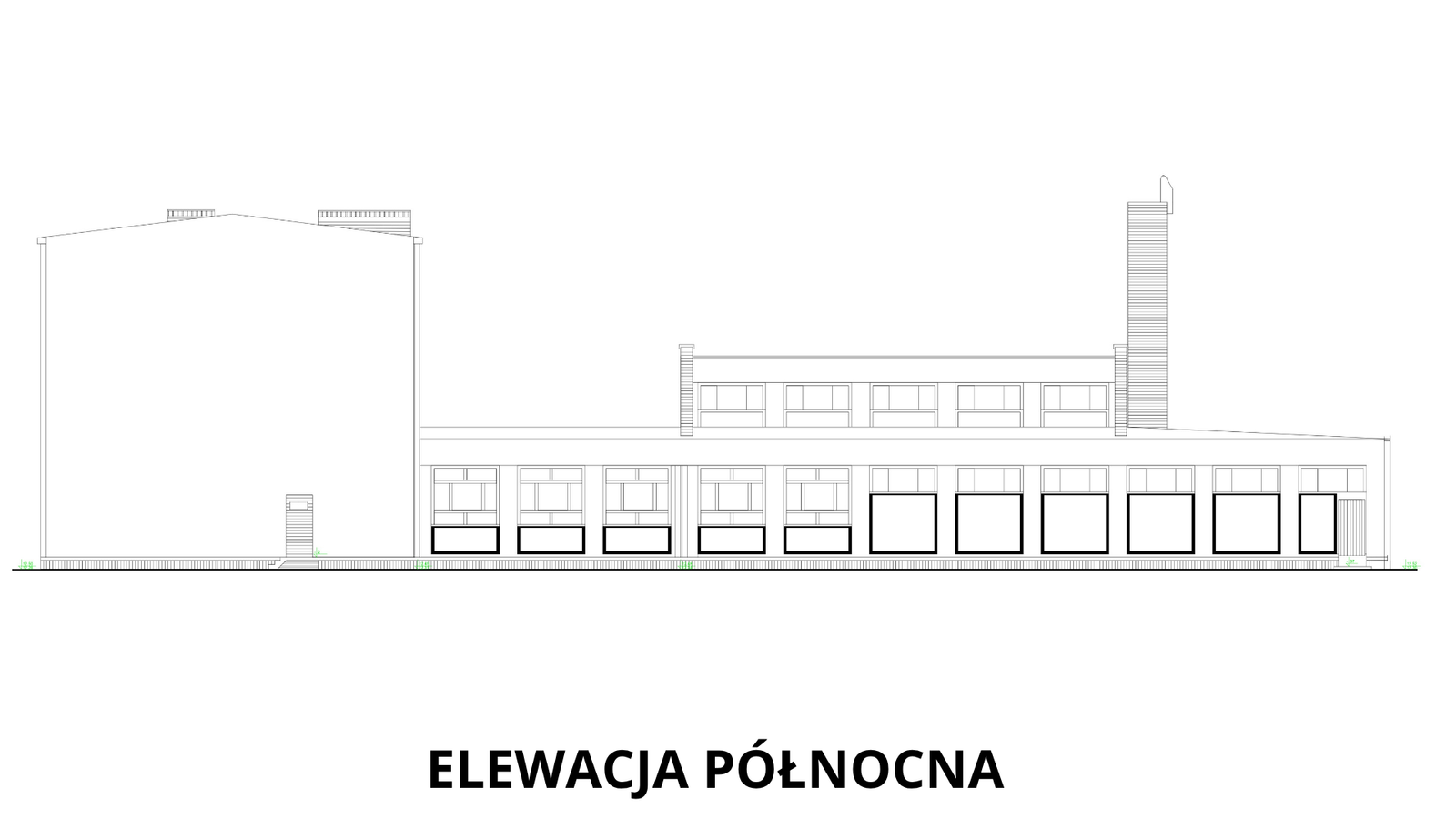 Elewacja północna — Widok od północy: wysoka bryła sali gimnastycznej po lewej i niższa część dydaktyczna z pasmem okien, kominem wentylacyjnym i wejściem gospodarczym.
